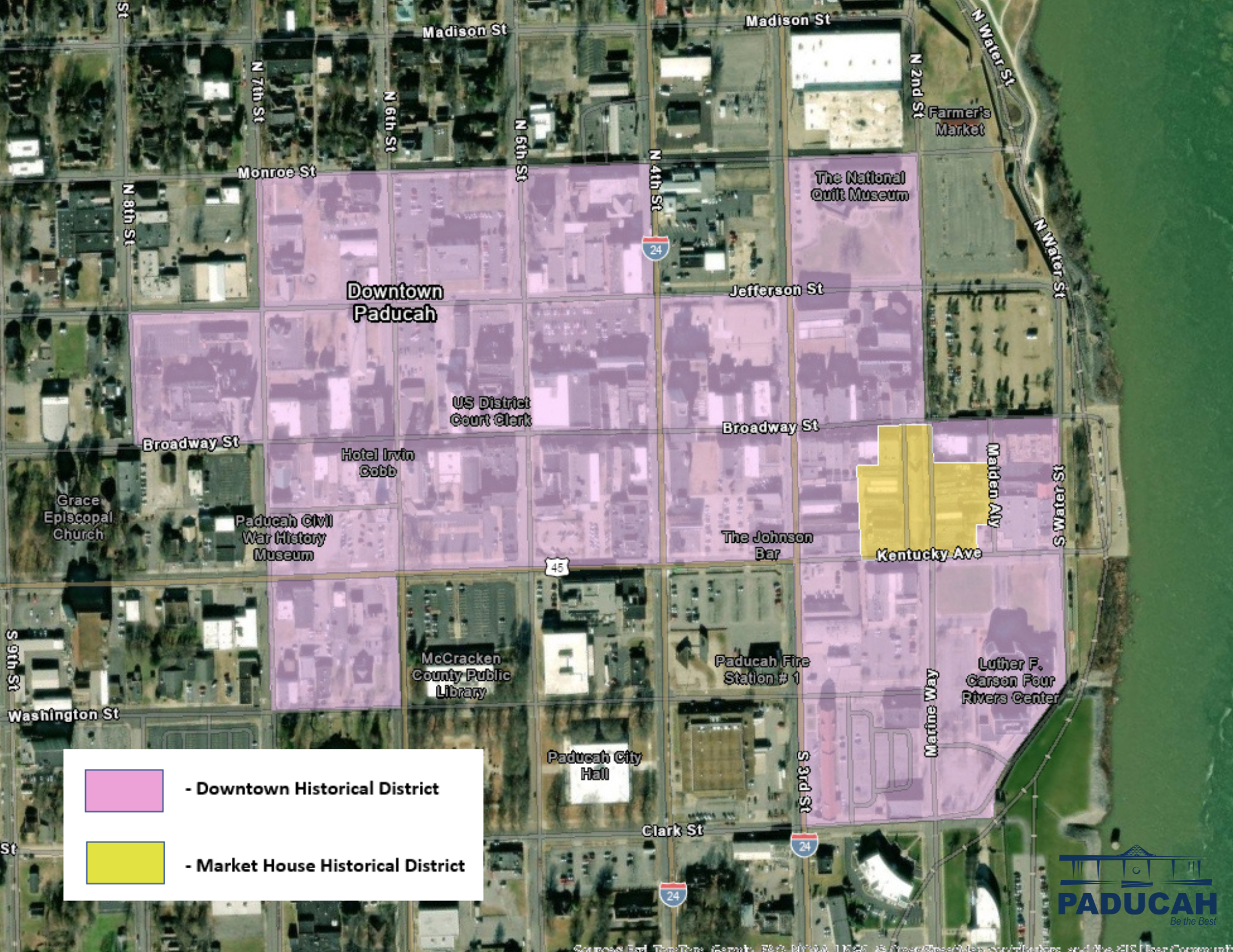 Map showing downtown and market house districts